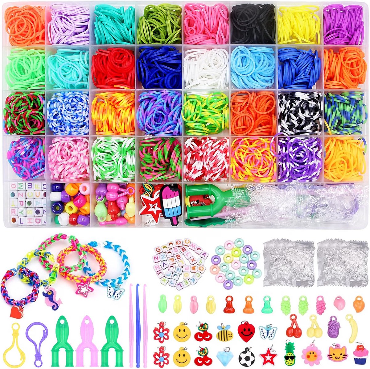 Loom bands set - Armbandjes maken kinderen - Gekleurde elastiekjes knutselen - Letterkralen en hangers - Inclusief haaknaalden clips - Handige opbergdoos - Creatief cadeau - 32 kleuren - 2500+ stuks