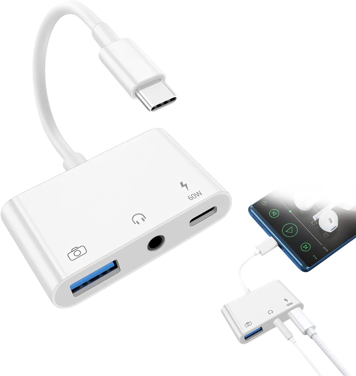 Versatile Adapter USB C to USB, USB C Adapter Headphones, 3-in-1 with USB-C to 3.5mm Jack and 60W Fast Charge - ShopVlot