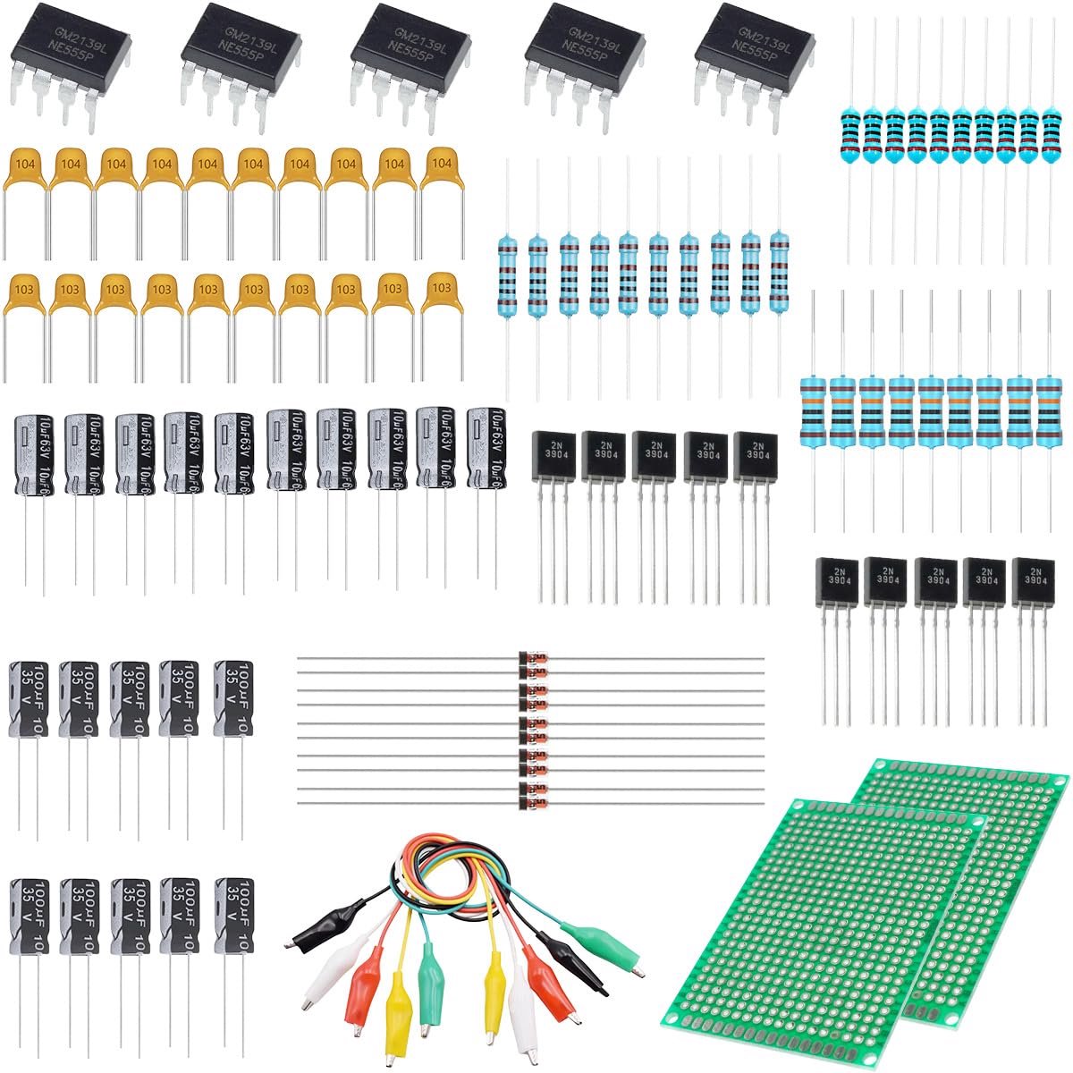 NE555P Chipset DIP Resistors 1/4 W 220 Ω 1 kΩ 10 kΩ 100 kΩ Capacitors 104 103 10 µF 100 µF 1N4148 2N3904 Universal PCB - ShopVlot
