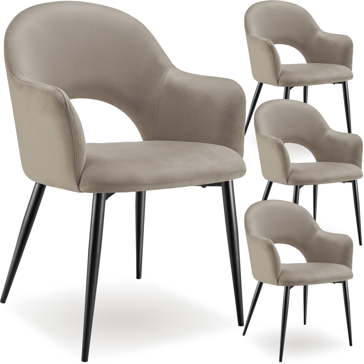 Tectake Set van 4 Eetkamerstoelen Sachel - Fluweellook Gestoffeerde Fauteuils - Keukenstoel - Ergonomische Stoelen voor Woonkamer en Keuken - Eetkamerstoel met Armleuning - 120 kg Draagkracht per Stoel - Taupe