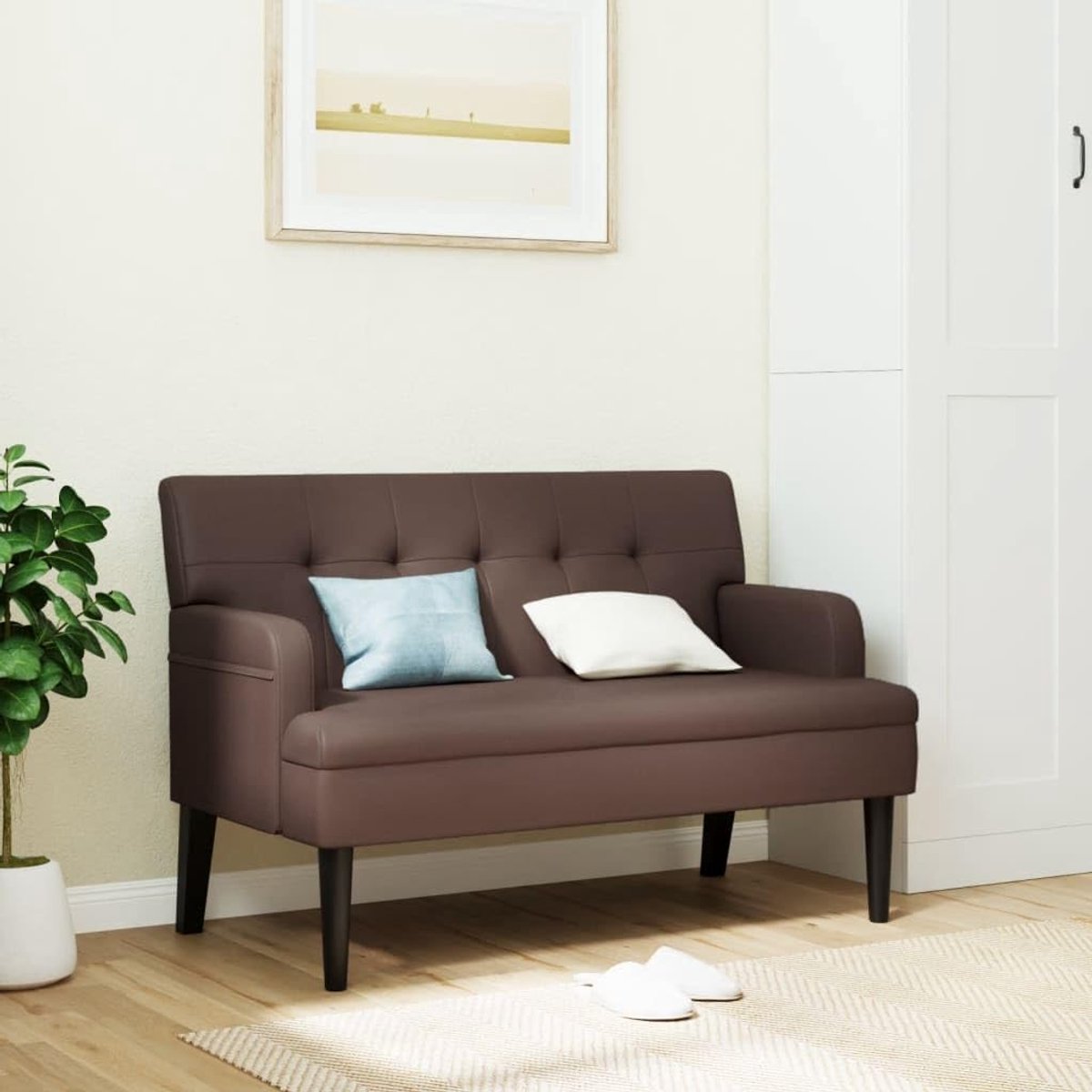 Zitbank met rugleuning, bruin, 112 x 65,5 x 75 cm, kunstleer, gestoffeerde meubel, woonkamerbank met gevoerde armleuningen en massieve houten poten, voor woonkamer en kantoor