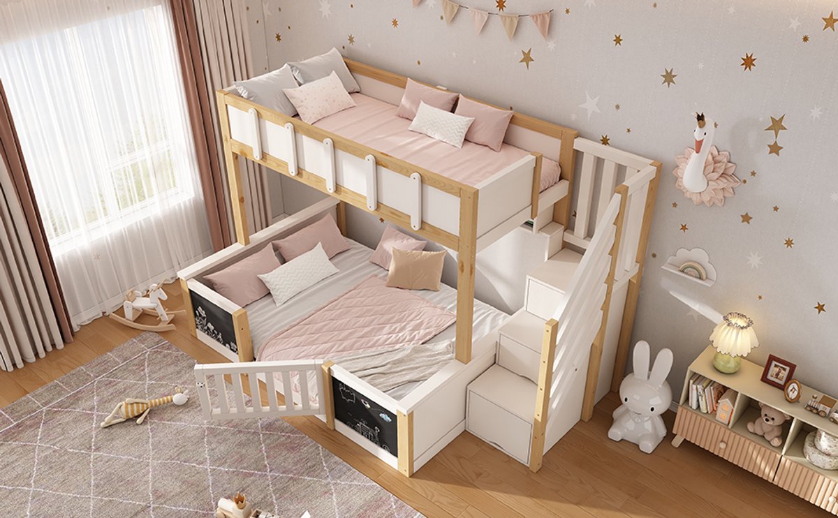 OKWISH Stapelbed 90x200 cm En 140x200 cm - Familiebed Met Opbergtrap, Krijtbord En Veiligheidsdeur - Hout - Zonder Matras - Wit/Naturel