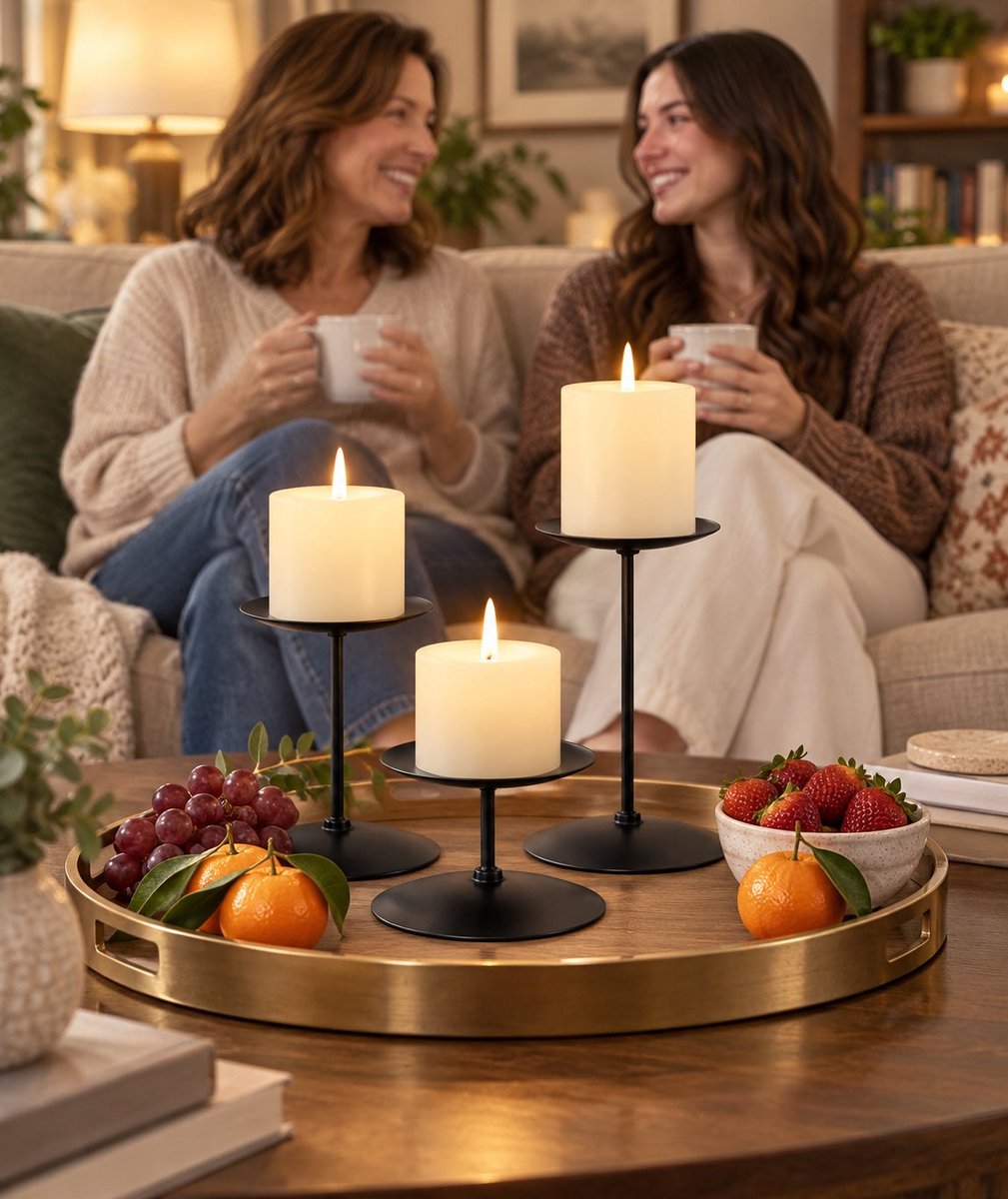 R&H® Kandelaar Set van 3 - Zwarte Metalen Kaarsenhouders - Hoogtes 5/10/15 cm - Retro Design voor Tafel, Bruiloft en Kerst
