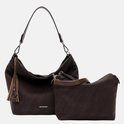 Bruine Emily & Noah schoudertas met bijpassende clutch, kwastdetail en logo.