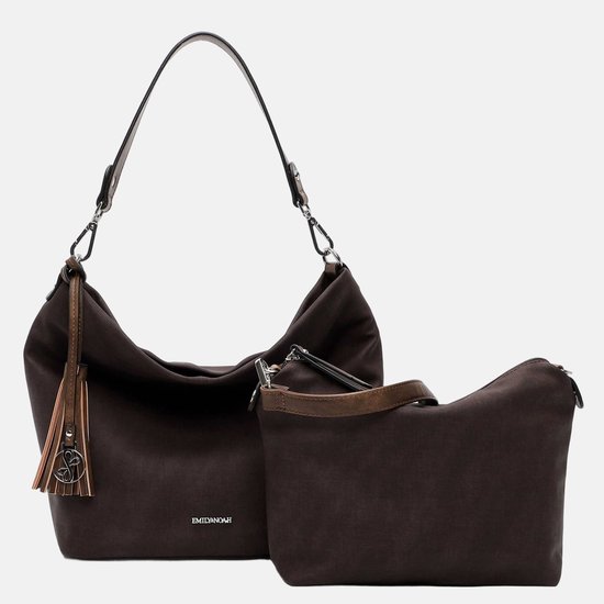 Bruine Emily & Noah schoudertas met bijpassende clutch, kwastdetail en logo.