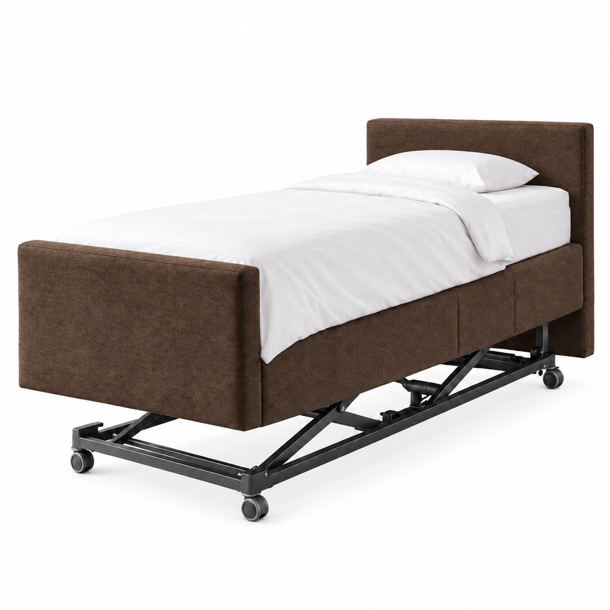 BoxspringFD Serre Hoog Laag Bed / Boxspring 1 Persoons Verzorgingsbed Seniorenbed Elektrisch Verstelbaar, 90x200 cm, kleur bruin