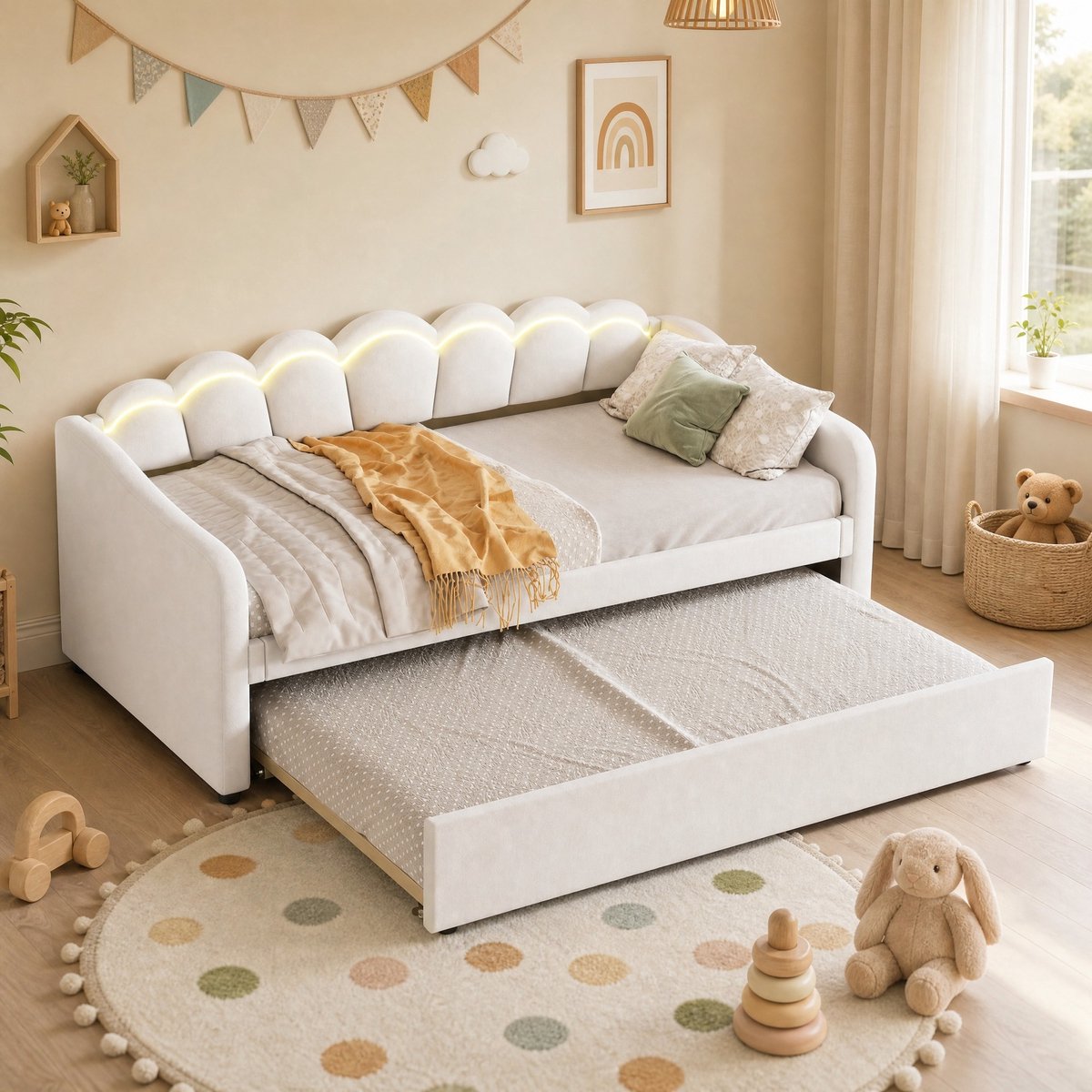 WUVRIE Slaapbank 90x200 cm met uitschuifbed en LED-sfeerlicht, fluweel in beige