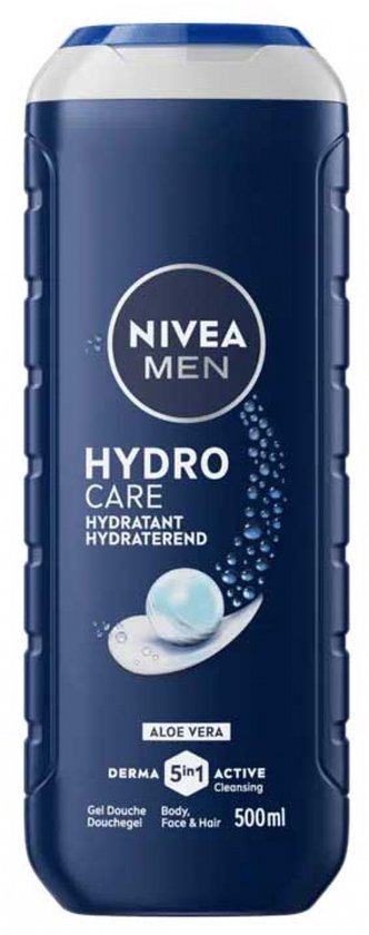 Nivea Men Hydro Care 500ml douchegel met aloë vera in donkerblauwe fles.