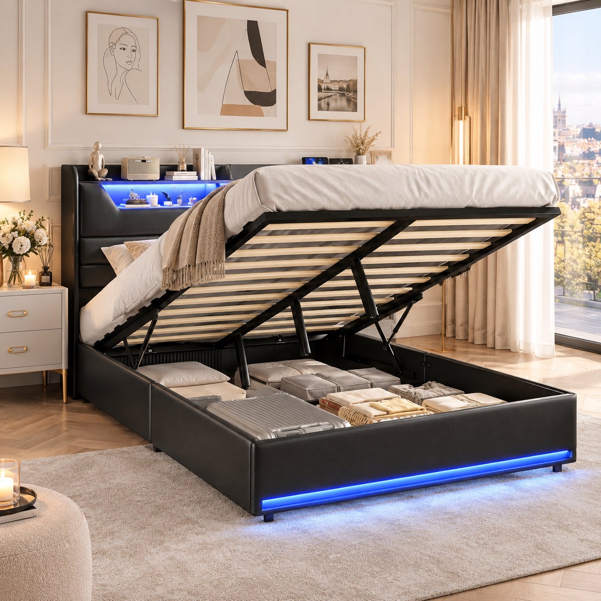 MEXUS Opbergbed 140x200 cm met ledverlichting, gewatteerd hoofdbord met opbergruimte en USB-oplaadpoort, Tweepersoonsbed met lattenbodem, bedframe 140x200, PU-leer Zwart