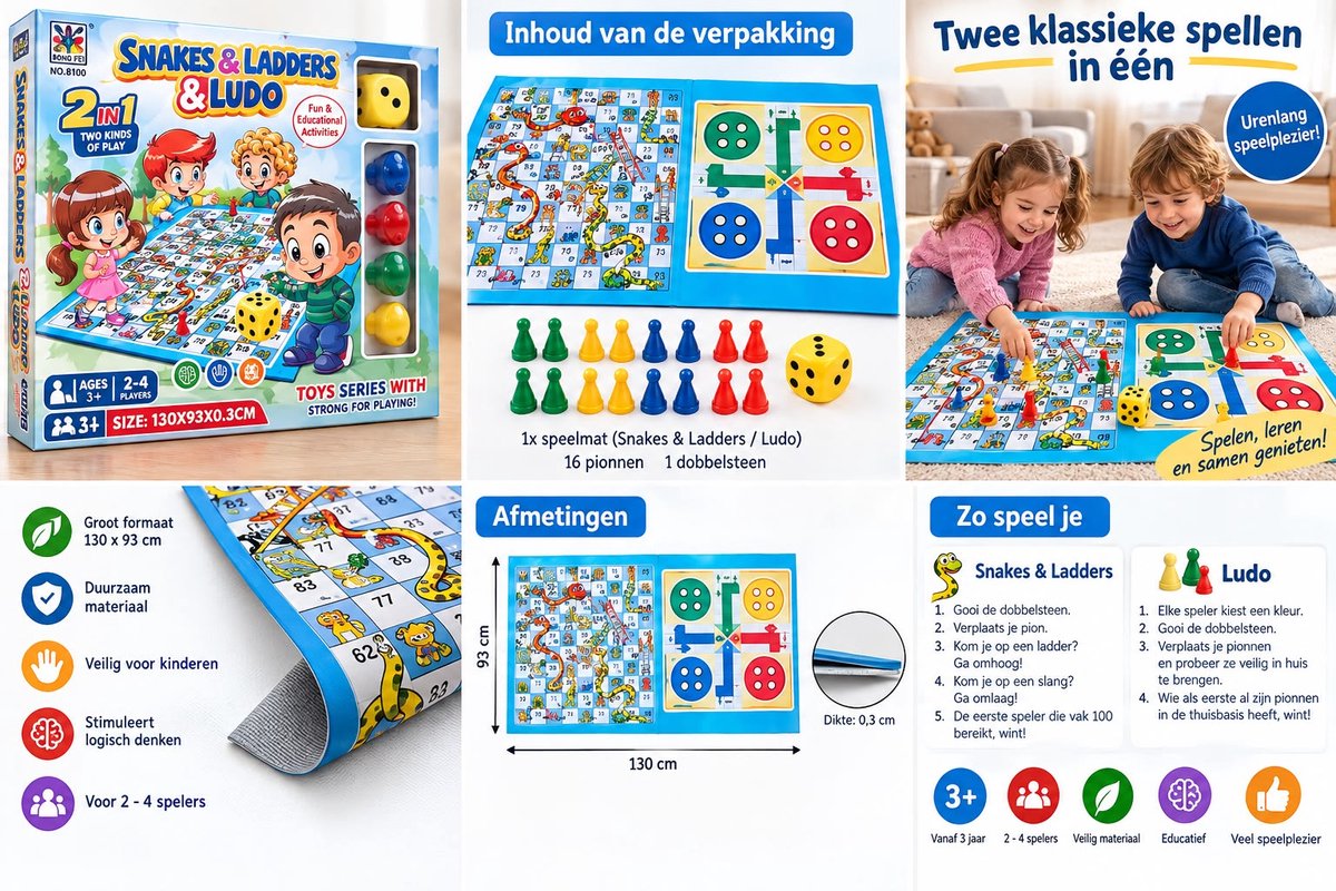 Ludo 2-in-1 Snakes & Ladders -Groot speelbord 130-93cm 2-4 spelers