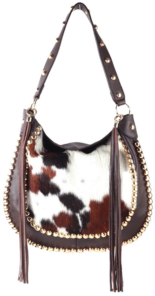 Damestas - Hobo - Bruin - Leer - Coacha - Koe - 41cm x36cm - Studs - Franjes - Schoudertas.