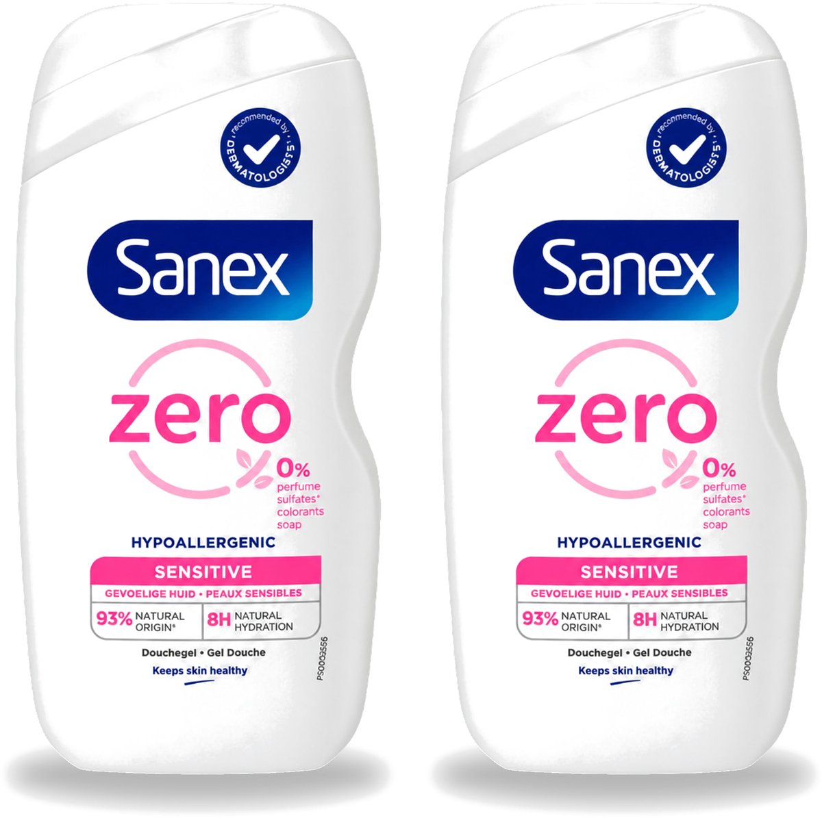 2 x Sanex Zero% - Douchegel - Gevoelige Huid - 0% Parfumsulfaten - Hypoallergeen - 400 ml - Voordeelverpakking - 2 stuks