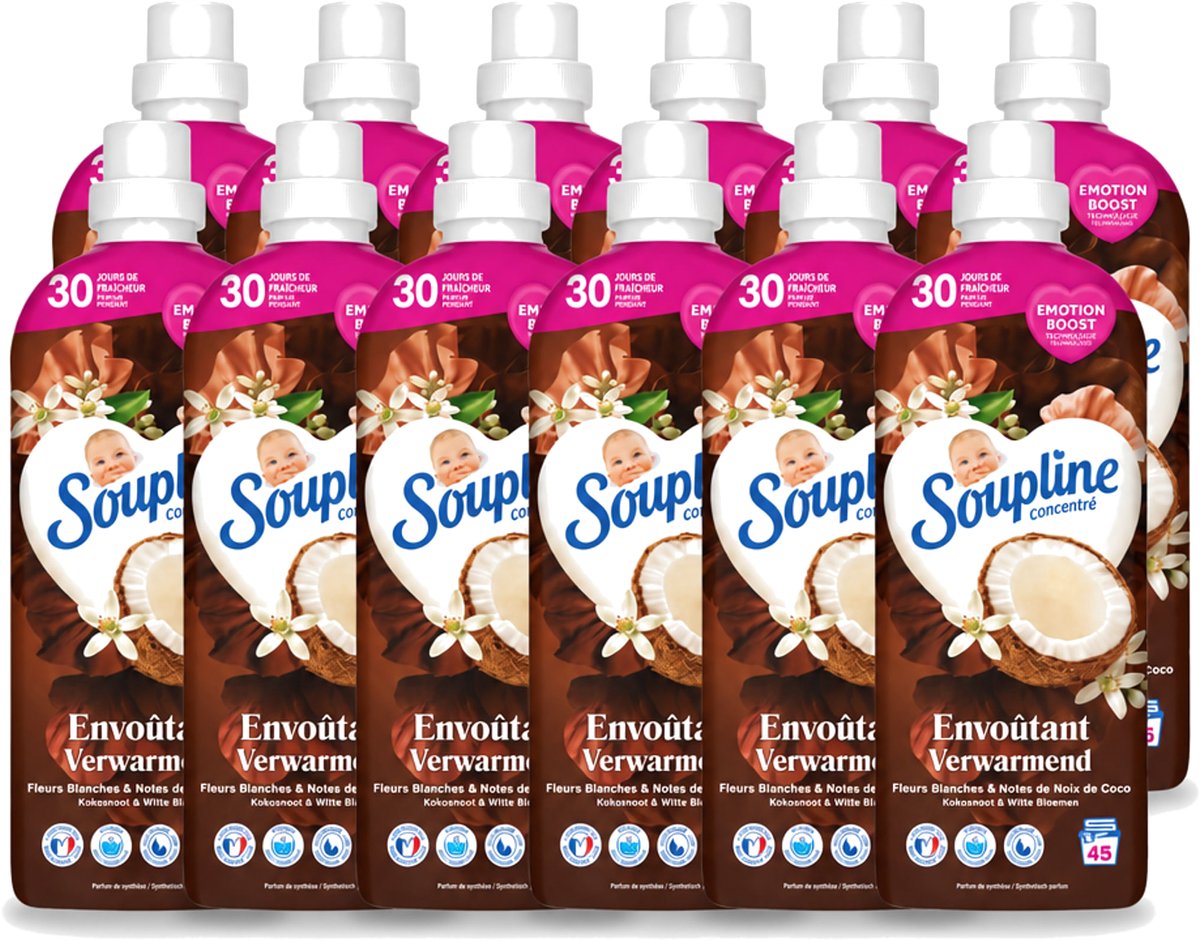 12 x Soupline – Wasverzachter – Verwarmende Kokosnoot & Witte Bloemen – 950 ml - Voordeelverpakking - 12 stuks