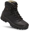 Donkere leren wandelschoen met veters en Gore-Tex logo.