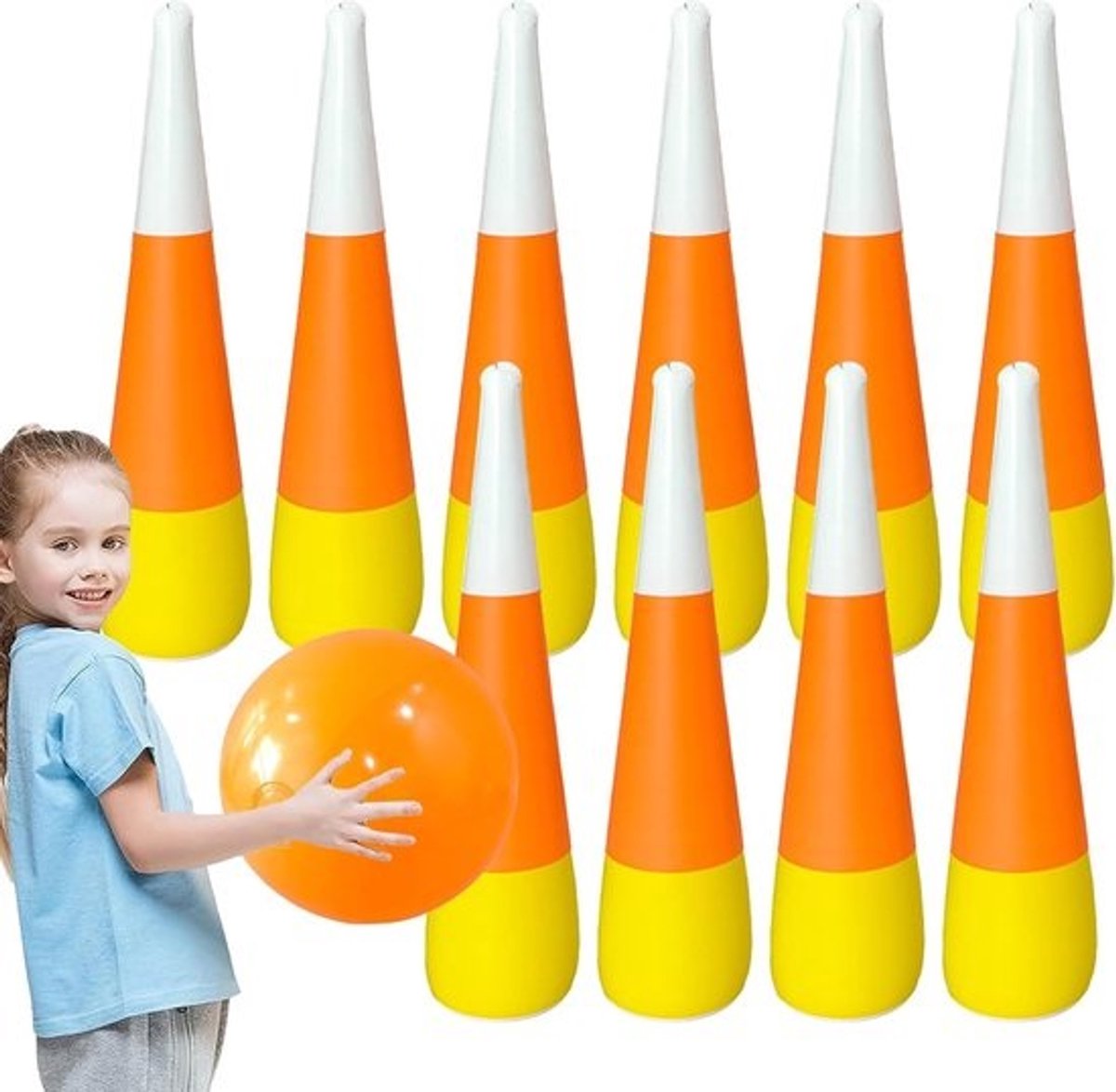 Opblaasbaar bowlingspel - Reuzenbowlingset en feestspel - Buitenentertainment voor kinderen - Eenvoudige installatie - 55cm pinnen en 37cm bal - Meerdere kleuren