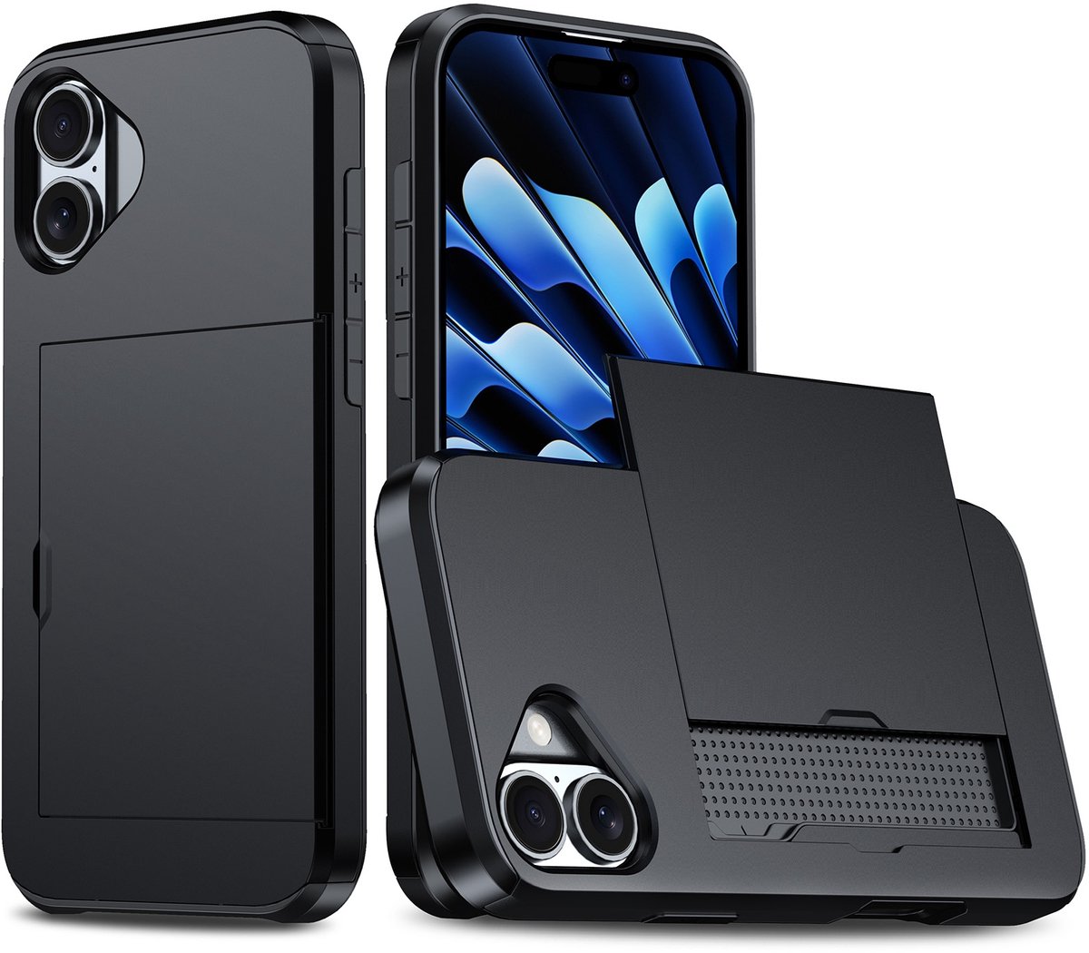 Shockproof Armor Case voor de Apple iPhone 16 met Kaartslot - Zwart