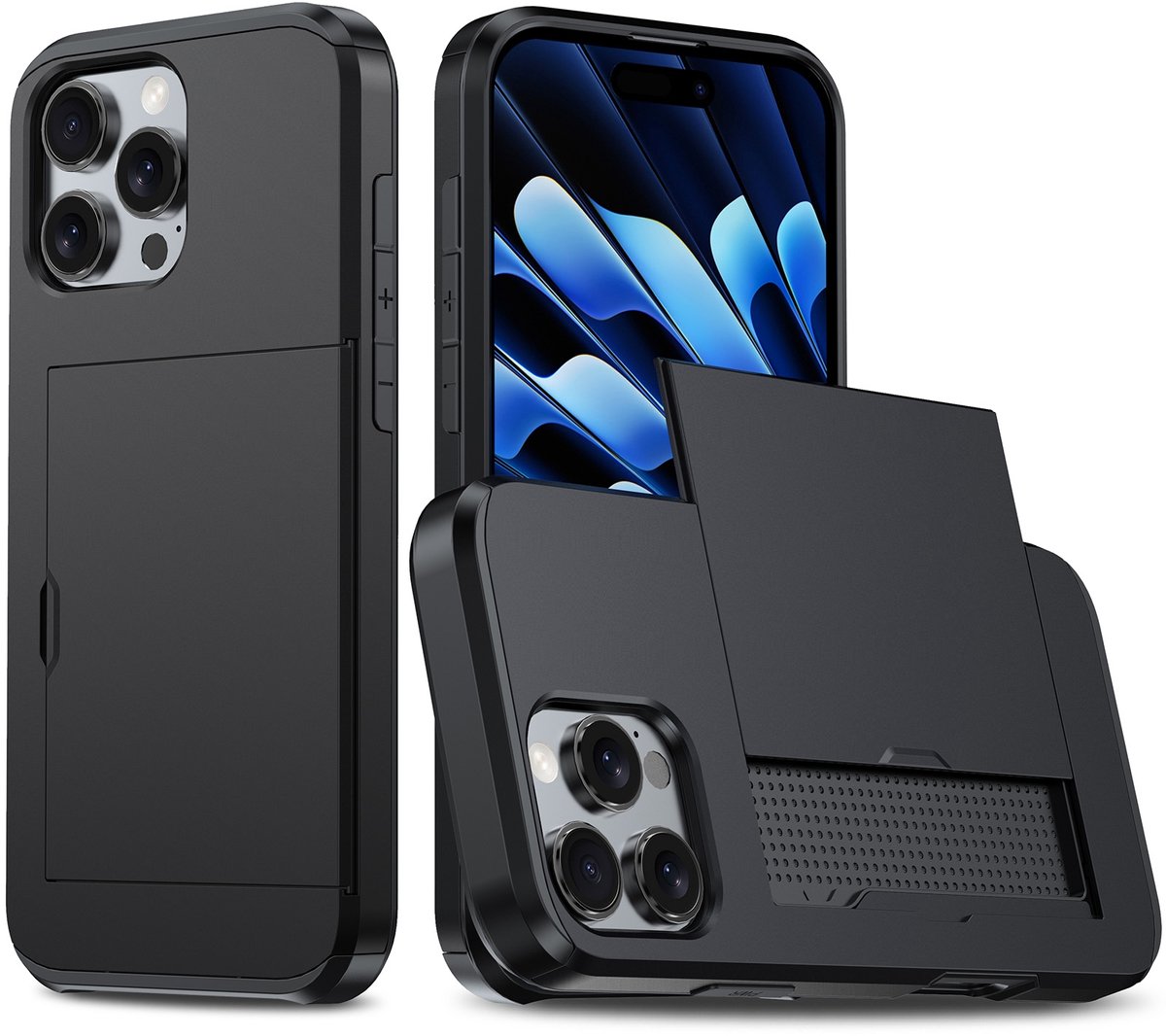 Shockproof Armor Case voor de Apple iPhone 16 Pro Max met Kaartslot - Zwart