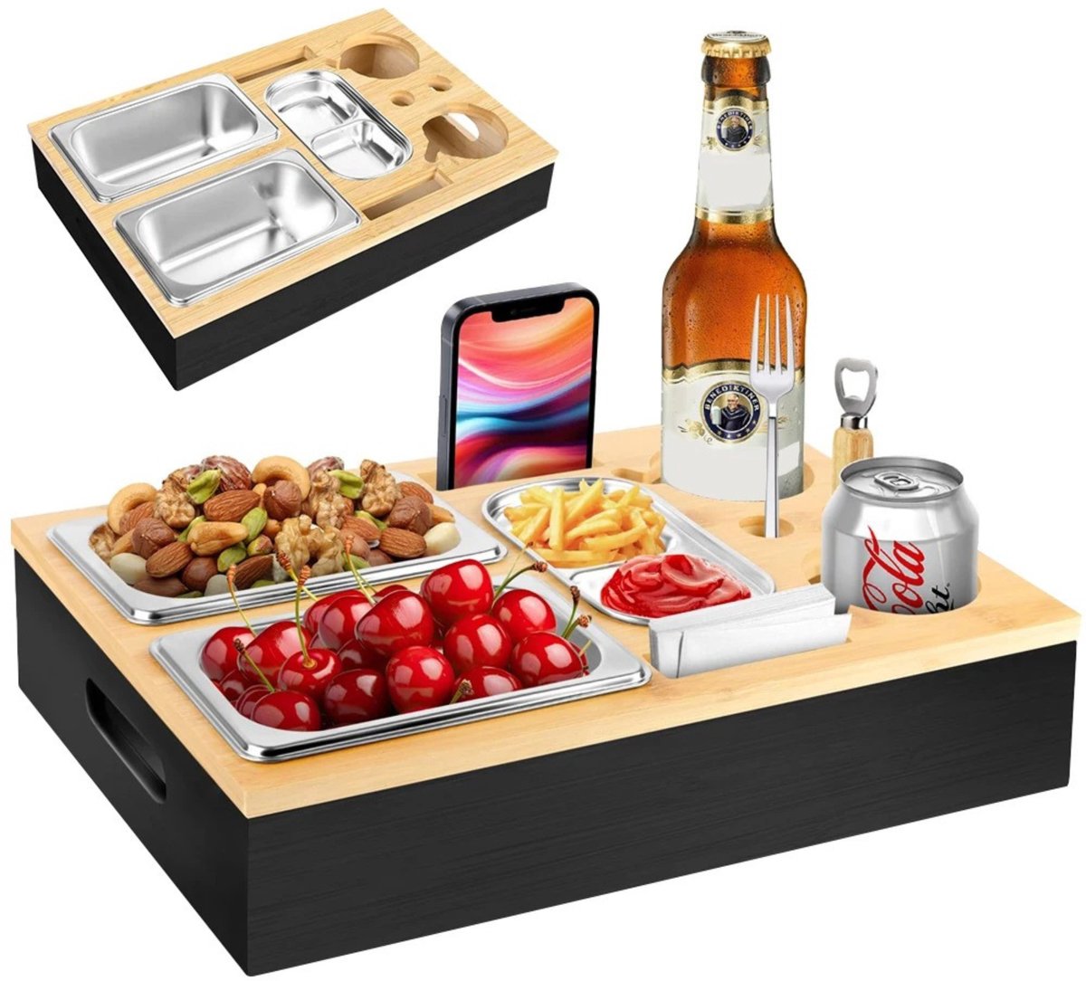 Noventra Snackbox voor op de Bank – Bamboe Serveerblad met RVS Bakjes – Snacktray voor Drankjes, Hapjes & Snacks – Couchbutler – Zwart