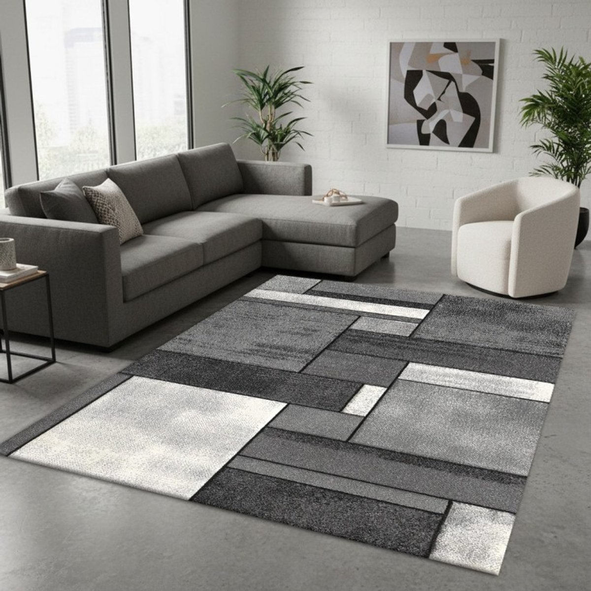 TapisTrend Designer tapijt Grijs 80x150 cm Abstract geometrisch vloerkleed met een modern rechthoekig blokpatroon