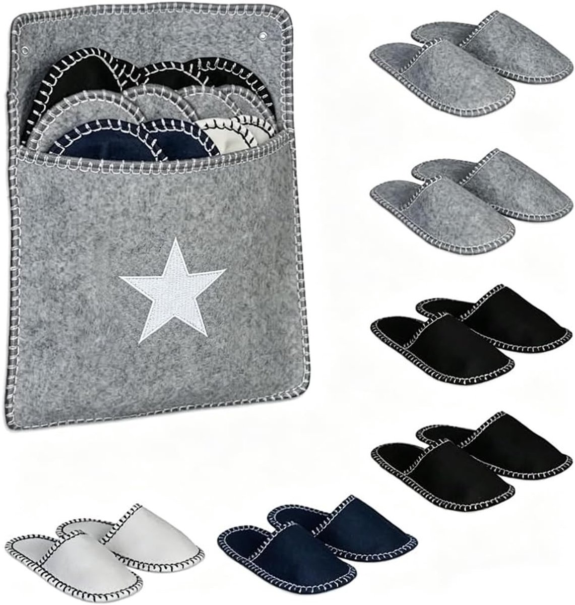 Set van 6 paar gastenpantoffels met draagtas, vilt pantoffels met antislip zool, ideaal voor thuis, hotel en sauna, comfortabel en stijlvol