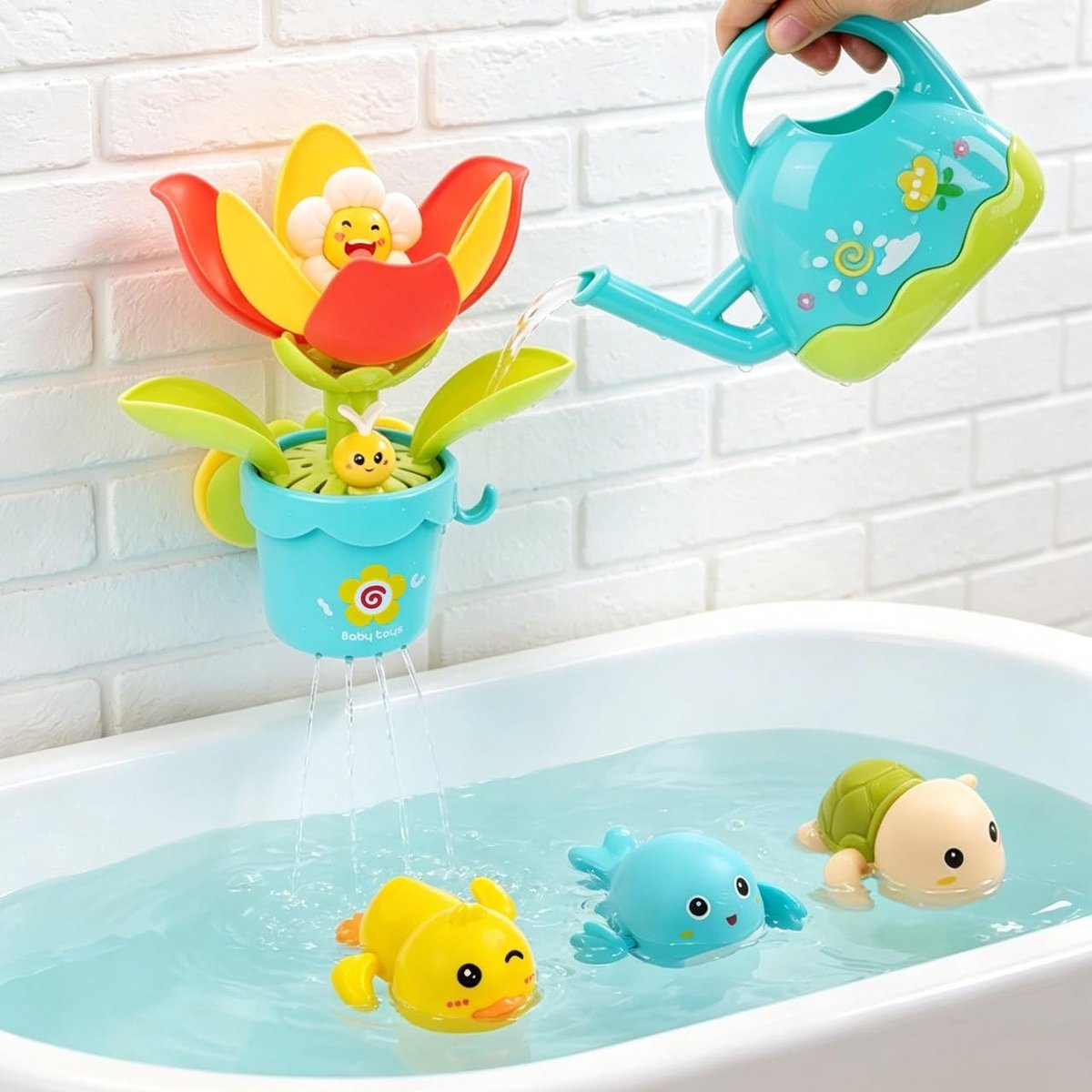 SUSABABY - Babybadspeelgoed met bloem, gieter en sprinklerdieren, watercircuit voor kinderen, spel vanaf 2 jaar - ShopVlot