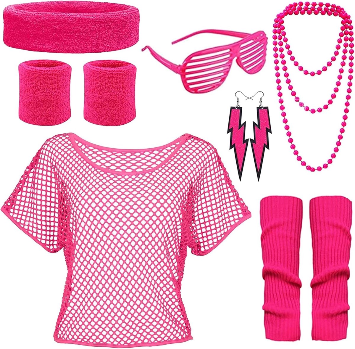 Retro 80s Kostuum voor Dames met T-Shirt, Neonaccessoires, Hoofdband en Handschoenen voor Feestjes en Themadagen