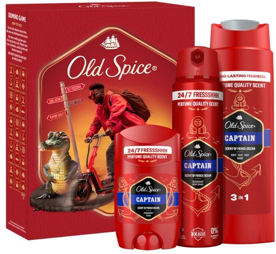 Old Spice Captain cadeauset met douchegel, deodorant stick, deodorant spray en doos met afbeelding van man op step.