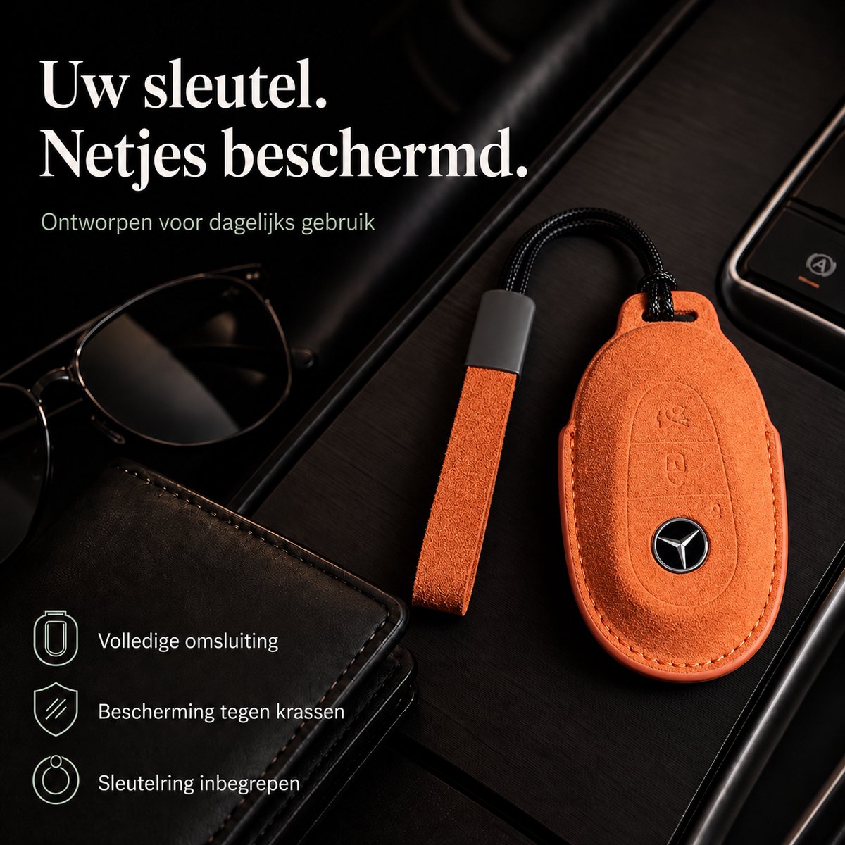 Zirkle Mercedes-Benz Autosleutel Hoesje Type F Oranje – Luxe Lederen en Alcantara Sleutelcover met Koordje en Draaglus – Beschermhoes voor Mercedes A B C E S Klasse GLA GLB GLC GLK – Krasbestendige 3D Key Case