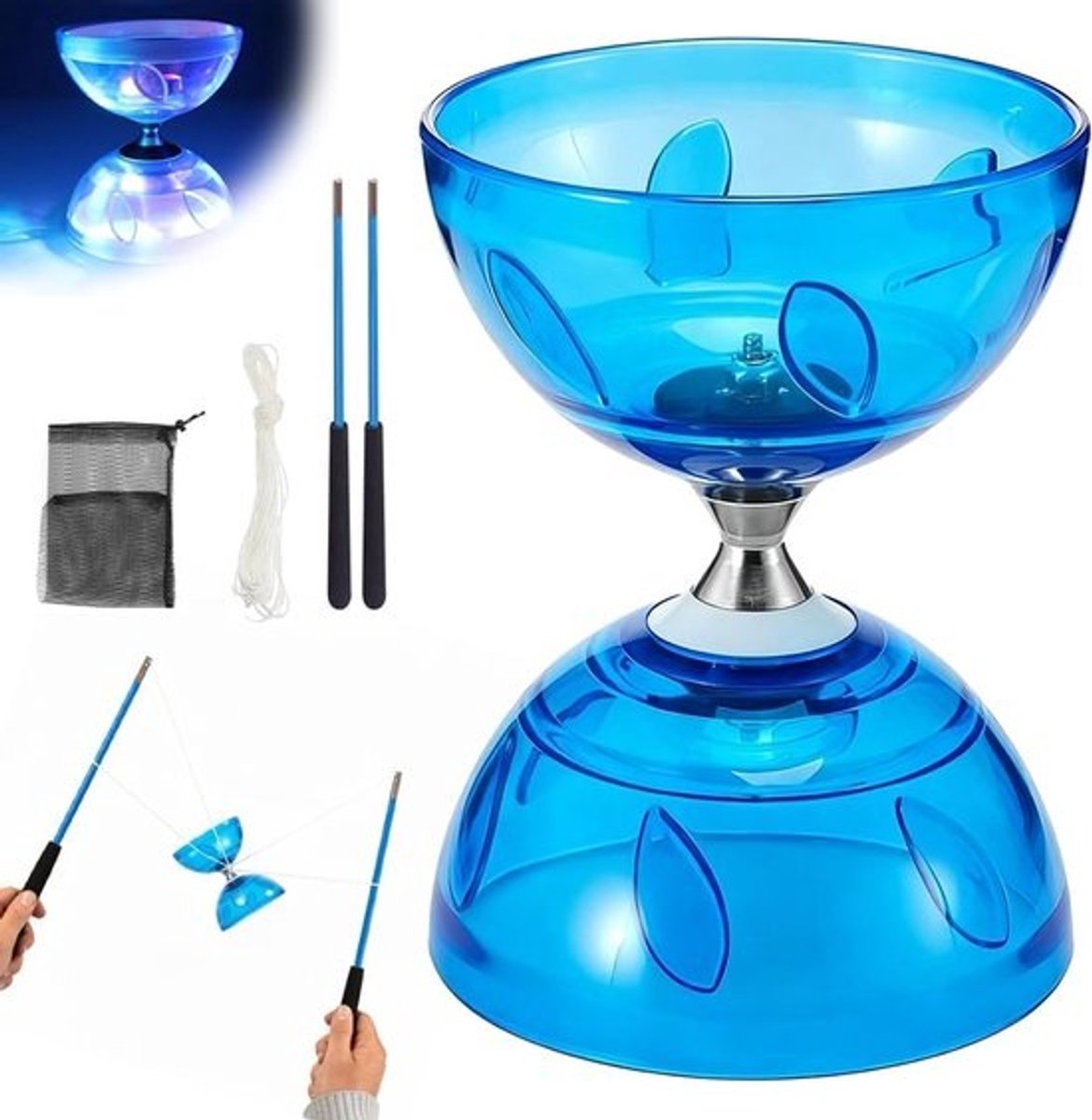 Professionele diabolo - Lichtgevend speelgoed - Jongleervaardigheden - 3 kogellagers - 35x14x14 cm - Blauw