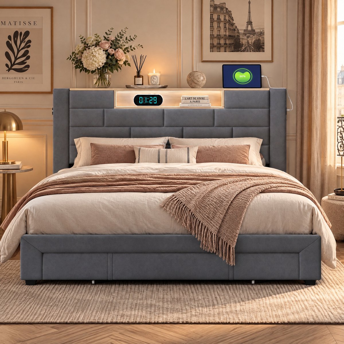 MEXUS Tweepersoonsbed 140x200 cm met lattenbodem,bedframe met 3 grote opberglades en LED-lichtstrip, Gestoffeerd hoofdbord met USB-poort, fluwelen Grijs