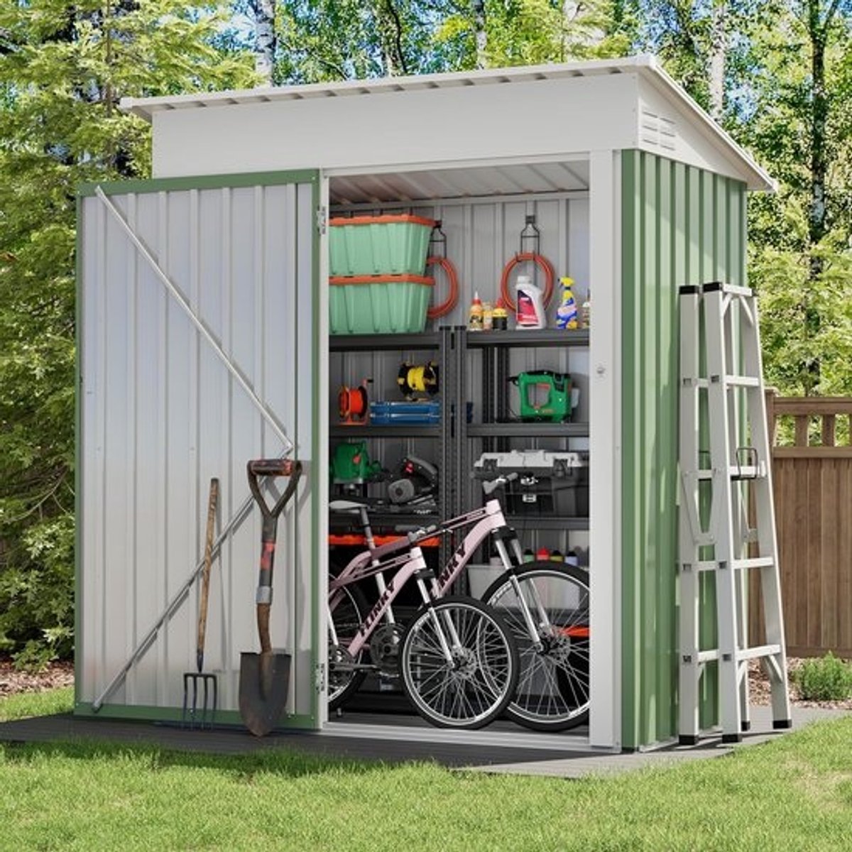 Metalen tuinhuis - Opbergbox en schuur - Voor tuinieren en opslag - Lessenaarsdakontwerp - 164 x 87 x 181 cm - Groen