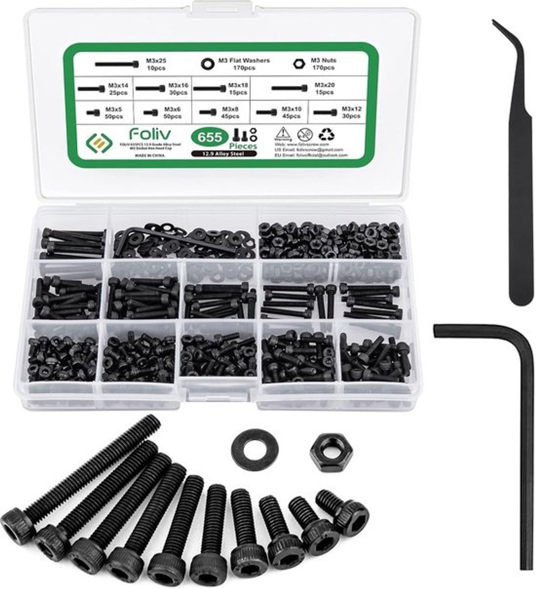 Schroevenset zeskant - Schroeven en moeren - Klusprojecten thuis - 655-delige set - M3-maatvoering - Zwart