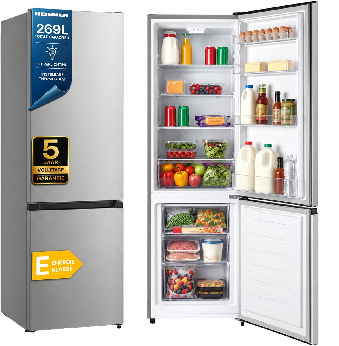Heinner HC-HS269SE++ Koel-vriescombinatie 269 L – Mechanische Bediening – LED-verlichting – Omkeerbare Deur – Zilver – 5 Jaar Garantie