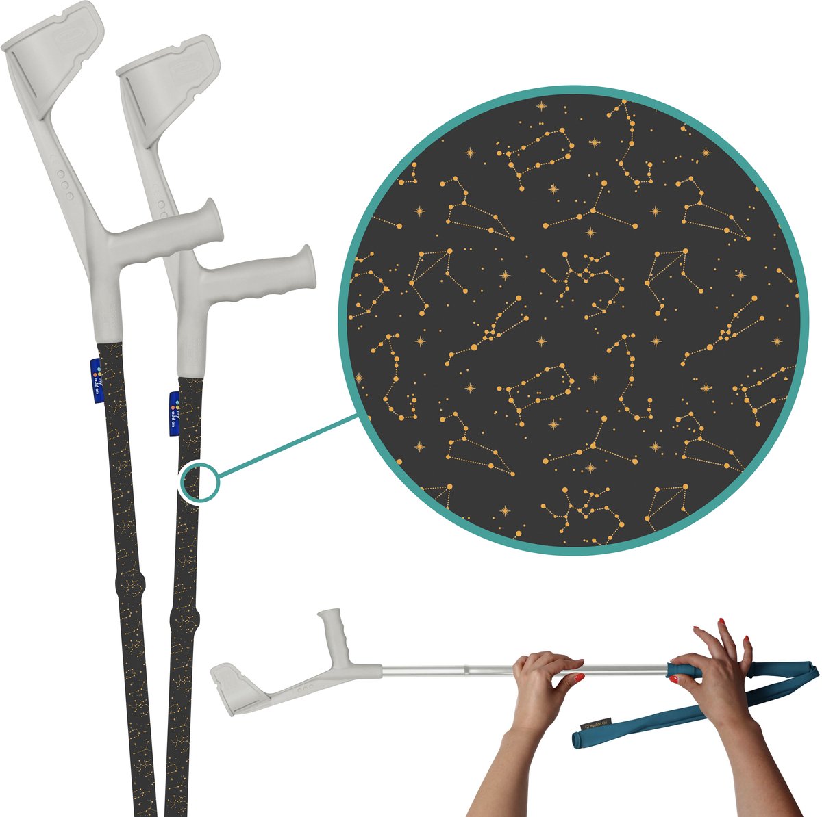 myCover Golden Constellations - 2 stuks - Trendy hoes voor krukken en wandelstokken, past op elke kruk of wandelstok, elastische stof, wasbaar 30°C, verschillende patronen - Excl. Kruk