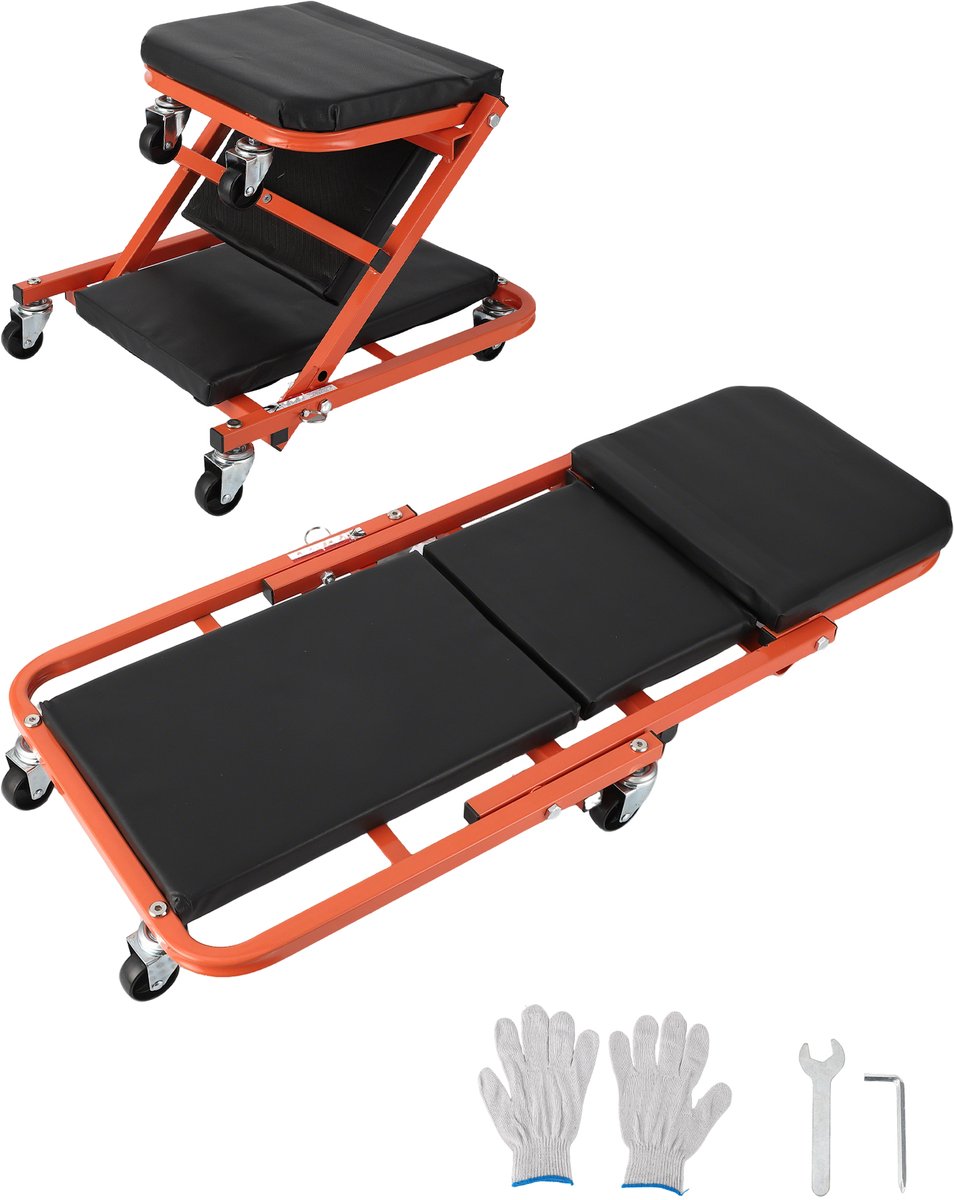 HoerFuriy - 2-in-1 Monteursbed en Kruipstoel Z-frame - 6 Draaibare Vergrendelbare Wielen - 150kg Draagvermogen - Opvouwbaar Garage Werkbank voor Auto Reparatie - Zwart + Oranje - 91,4cm