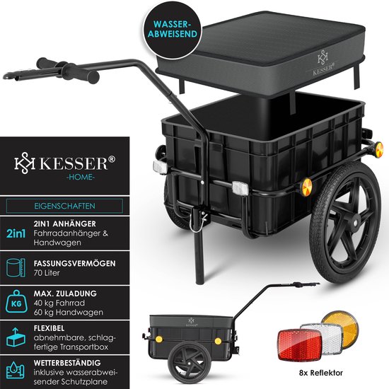 Zwarte fietskar/handkar met grijze, waterafstotende hoes. 70 liter inhoud, 60 kg max. laadvermogen.