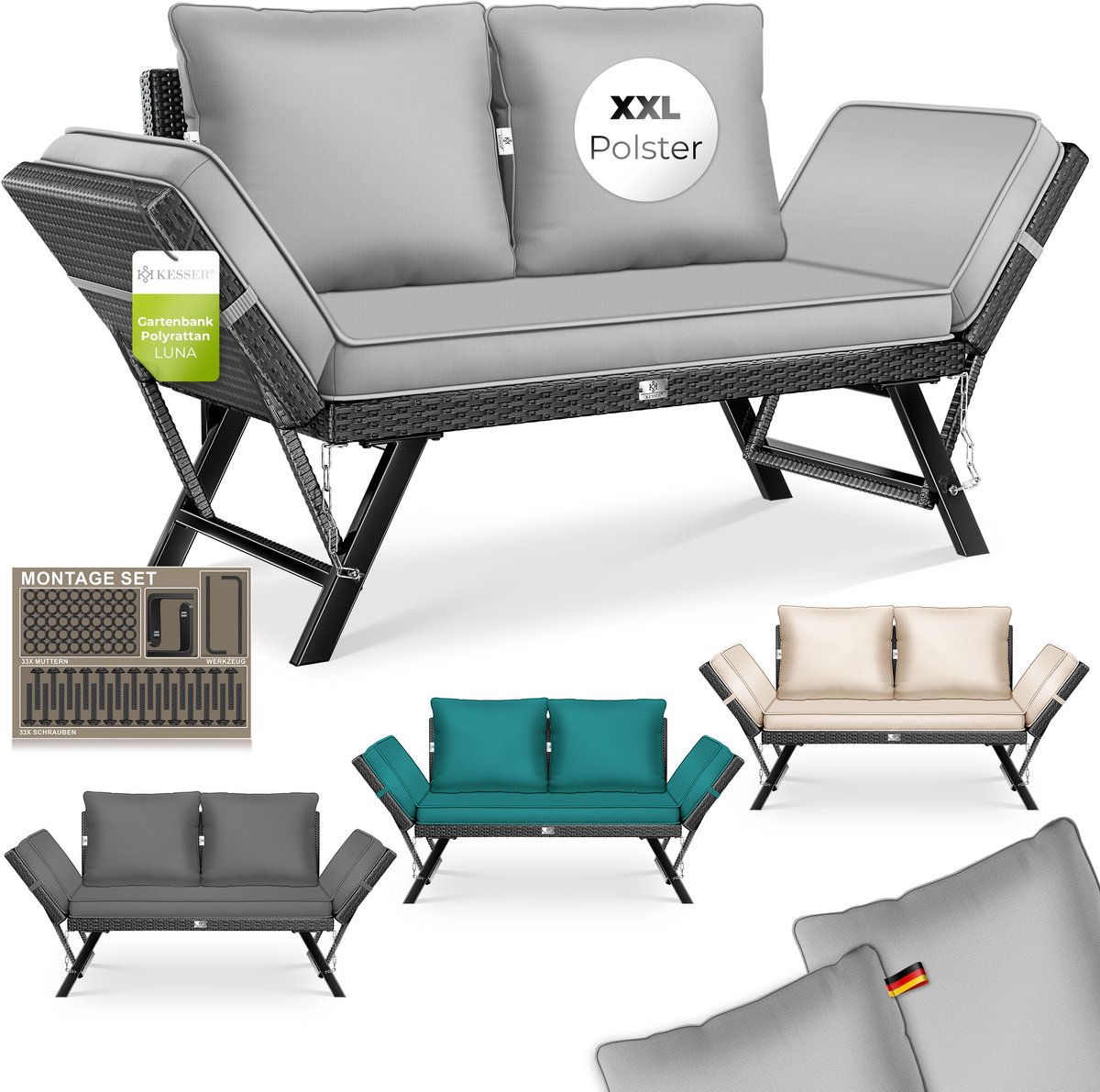 KESSER® Tuinbank Luna - Polyrattan loungebank met ligfunctie - 4-in-1 verstelbaar - 176 x 81 cm - petrolgroen