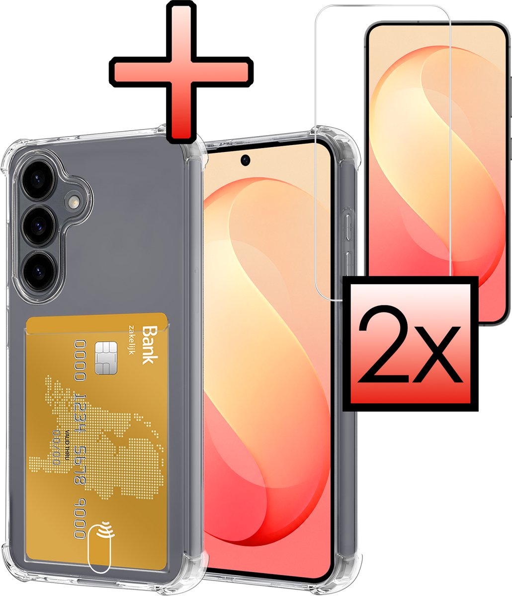 Hoesje - Geschikt voor Samsung Galaxy S26 FE - Met 2x Screenprotector - Pashouder - Kaarthouder - Telefoon Hoes Shockproof - Siliconen Case - Back Cover - Shock Proof - Pasjes Houder - Transparant