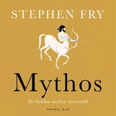 Boekomslag Mythos van Stephen Fry met een illustratie van een witte centaur met boog en pijl op een mosterdgele achtergrond.