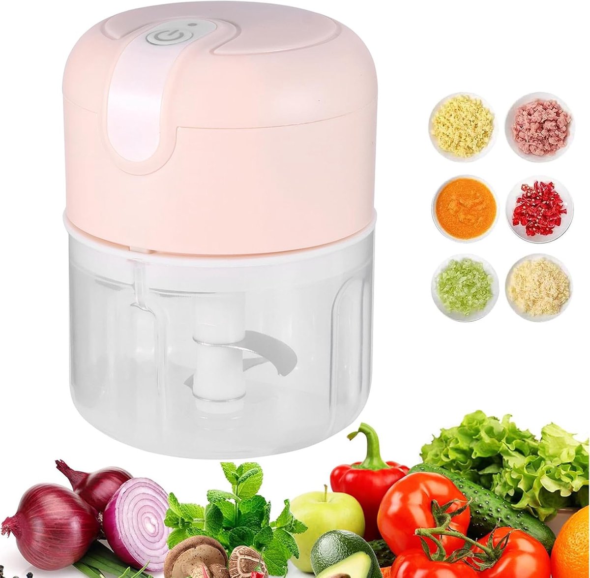 Elektrische hakmolen - mini-knoflookhakper - 250 ml - keukenkeukenmachine en blender USB-opladen - draadloze elektrische knoflookhakper - mini-hakmolenblender voor chili - groente - noten - fruit - vlees - roze