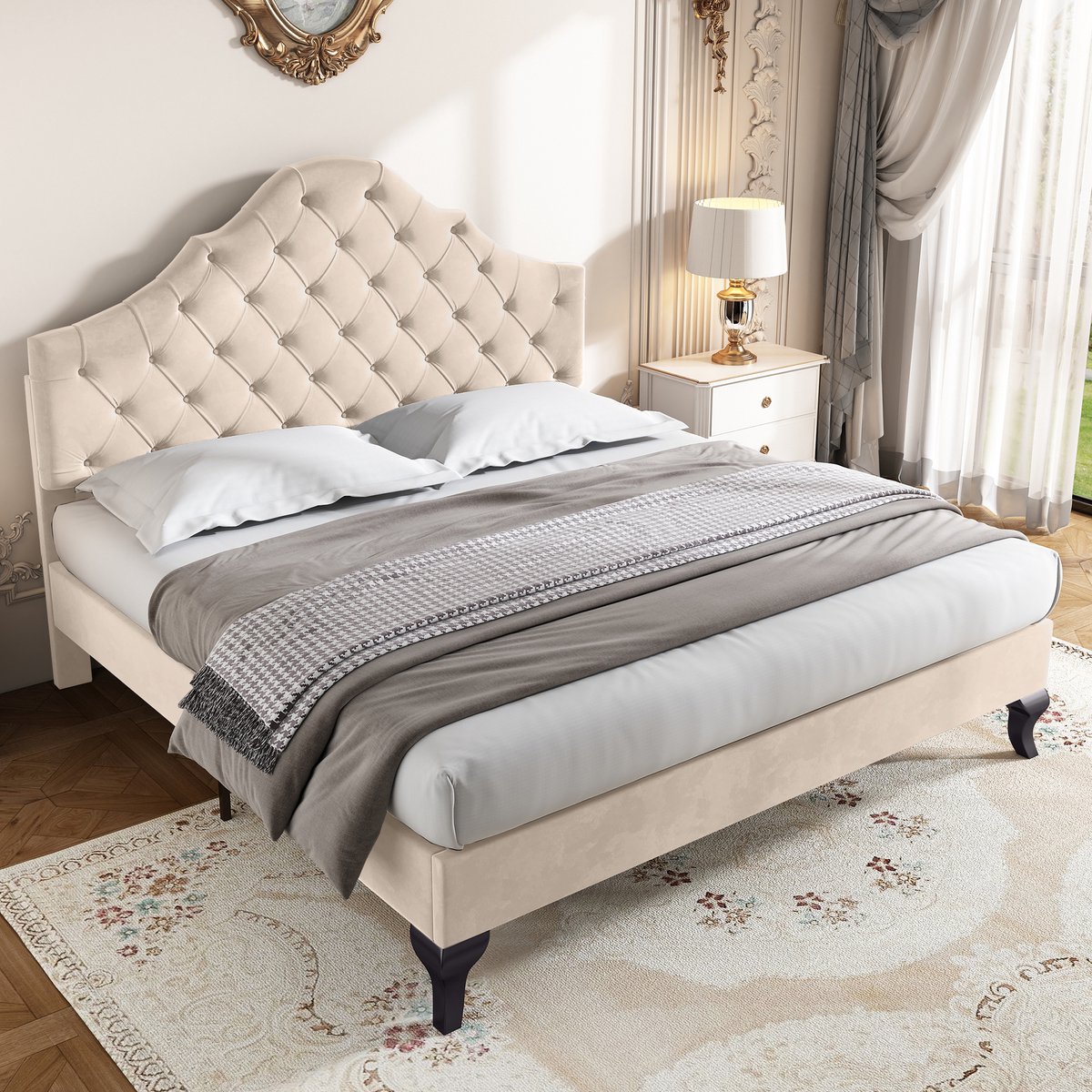 WUVRIE Tweepersoons bed 140x190 cm met verstelbaar hoofdbord en houten lattenbodem, gebroken wit
