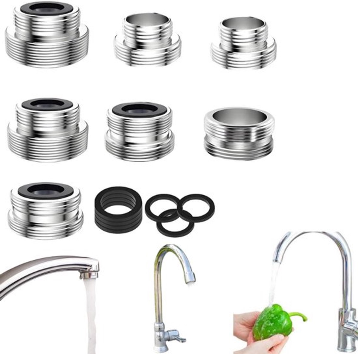 7-delige kraanadapterset – Kraanadapters – Adapters met buitendraad – Inclusief afdichtringen – Voor het aansluiten van tuinslangen, gootstenen en waterzuiveraars – Zilver