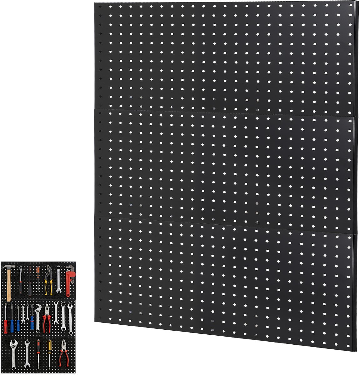 HoerFuriy - Stalen Pegboard Wandorganizer - Gepoedercoat Zwart - Geperforeerd Gereedschapswandpaneel voor Garage - Werkplaats en Hobbyruimte - 3 Gaatjesborden