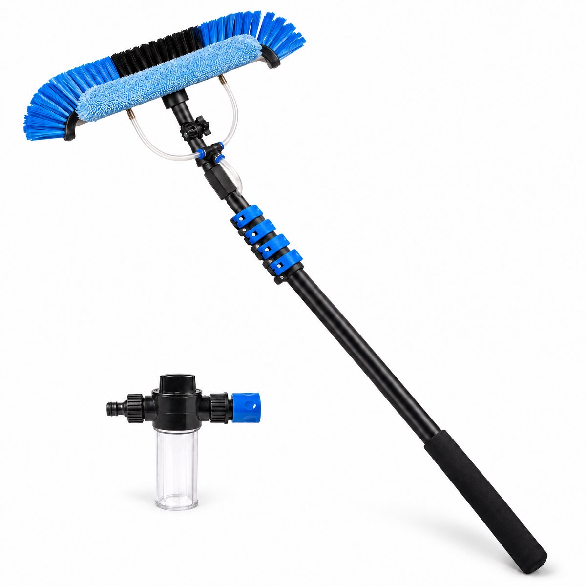Cheqo® Telescopische Wasborstel voor Zonnepanelen en Ramen - Steel tot 4,6 m - Waterdoorvoer - Zeepdispenser - Raamwisser - Voor Auto en Camper