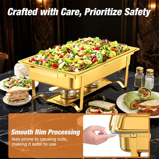 WARMOUNTS Chafing Dish Set 4 Stuks – 10,4 L Grote Buffetwarmhouders – RVS Bain-Marie Warmhoudbakken met Deksel – Goud – voor Catering, Feesten en Bruiloften — afbeelding 2