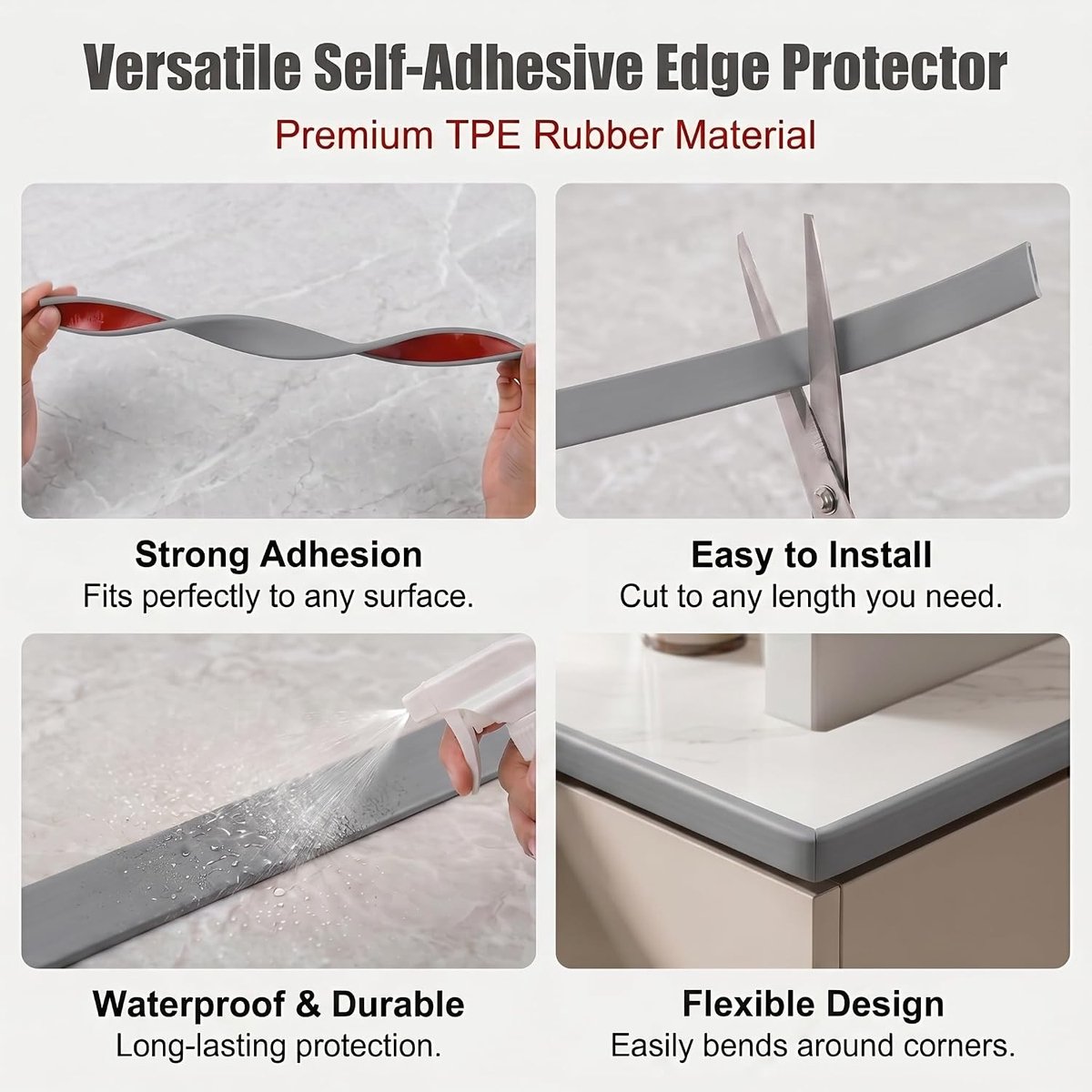 Grijze U-vormige meubelrandband van 6m x 20mm, zelfklevende TPE randafwerking voor meubels