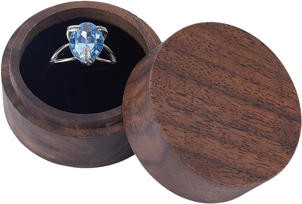 Ronde houten ringendoos (5 x 3 cm diameter) bruin bekleed met fluweel Ideaal voor het opbergen van sieraden en ringen. - ShopVlot