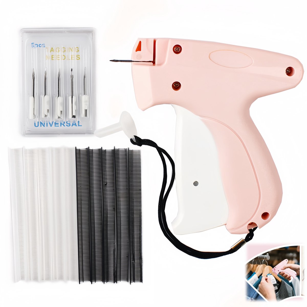 1 set - labelpistool - taggepistool - tag gun - etikettenpistool - inclusief 5 stalen naalden, 500 witte en 500 zwarte bevestigingsspelden - compact handformaat - textiel, sokken, accessoires, bevestigen - roze en wit