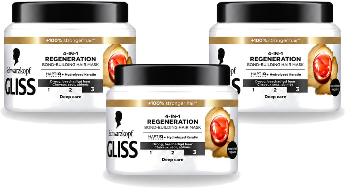 3 x Gliss - Haarmasker - 4in-1 Hair Mask - Voor Diep Herstel - 400 ml - Voordeelverpakking - 3 stuks