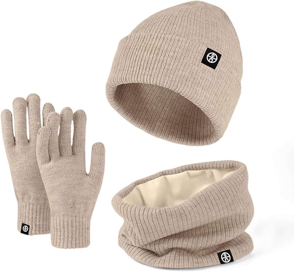 3-in-1 Gebreide mutsenset – Inclusief touchscreen-handschoenen & sjaal – Zachte fleecevoering – Geschikt voor buitensport hardlopen skiën – Unisex – Kaki Creme